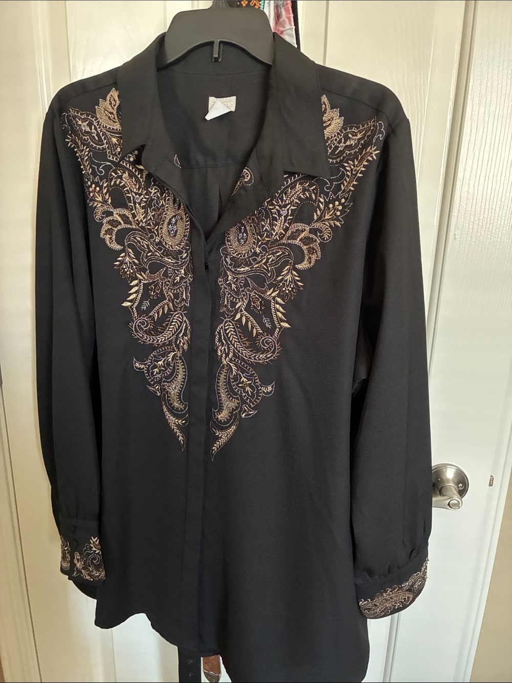 Chicos Women’s Black Shirt with Gold Embroidered Paisley Detailing